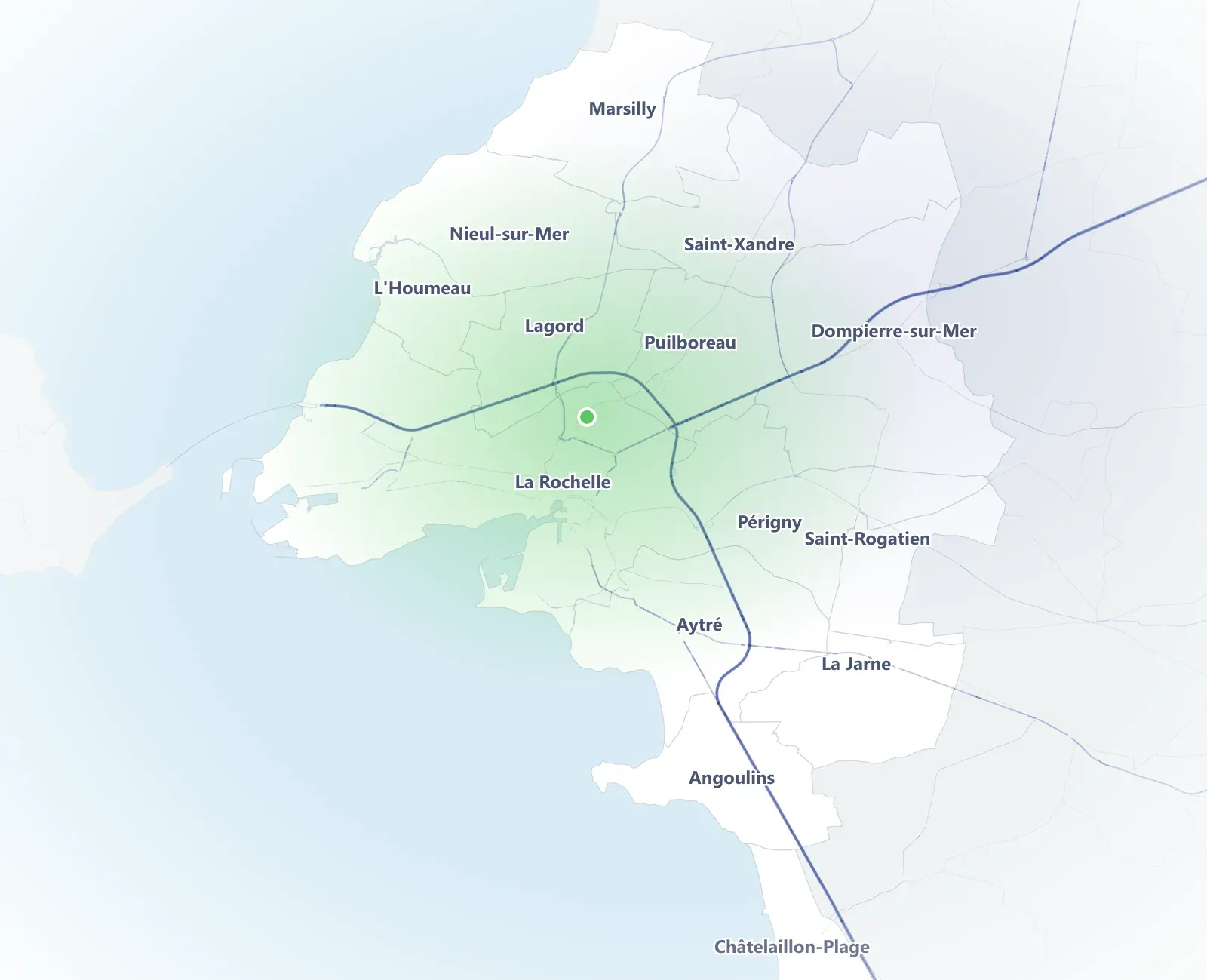 Carte de l'agglomération de La Rochelle avec ses grands axes et l'emplacement des centres comparés
